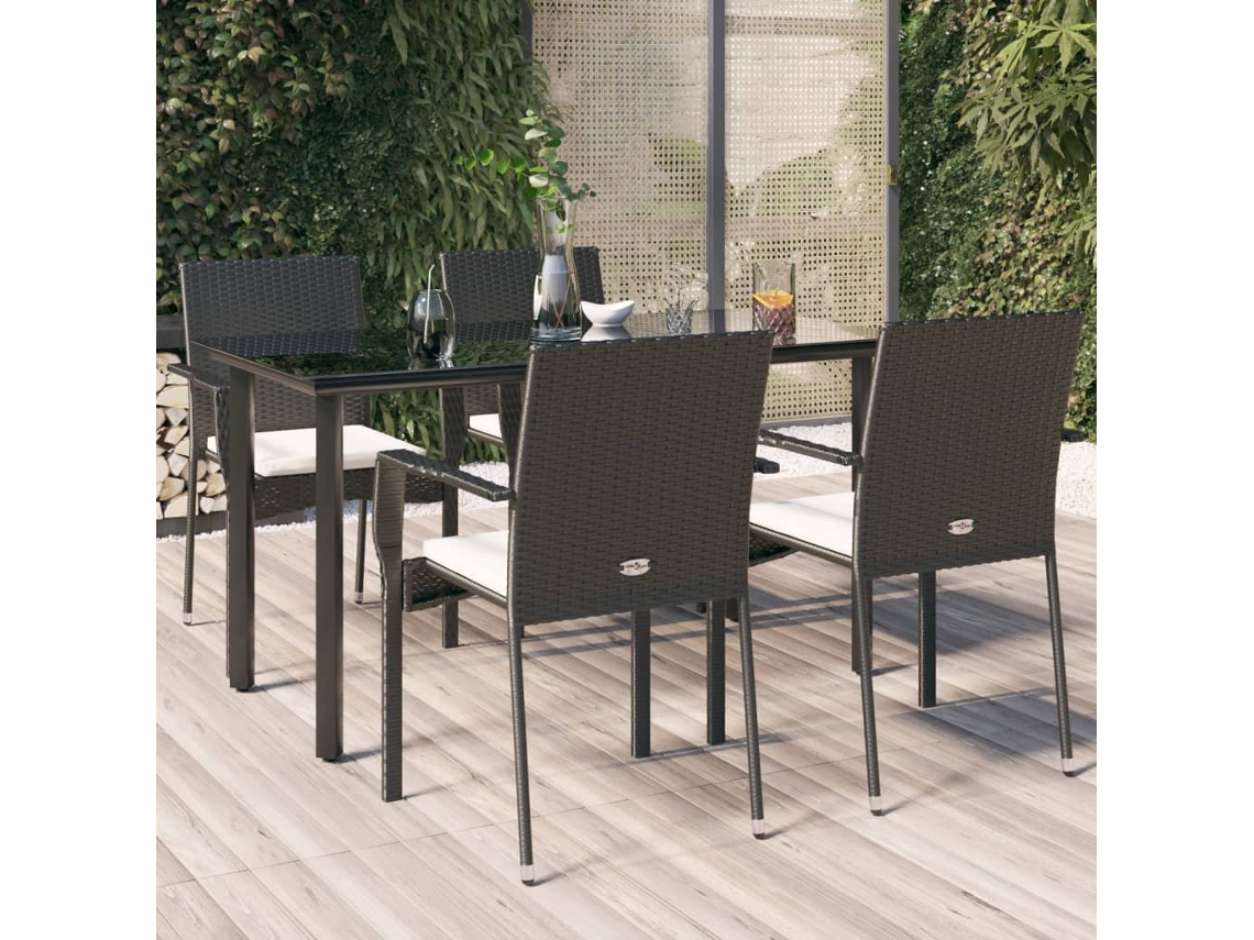 Vidaxl 5 Pcs Conjunto De Jantar P/ Jardim C/ Almofadões Vime Pe Preto