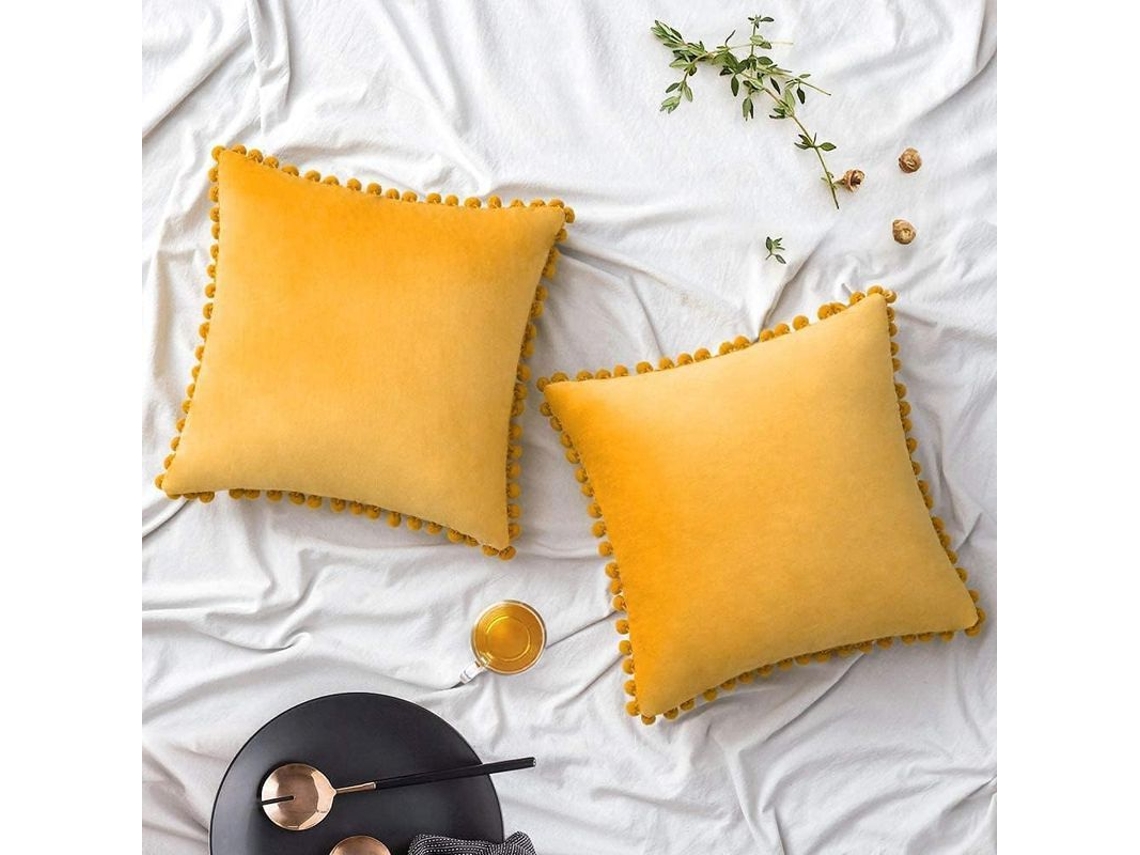 2026-2 Capas De Travesseiro De Veludo Outono Com Pompons 45x45cm Amarelo Mostarda Para Sofá Sala
