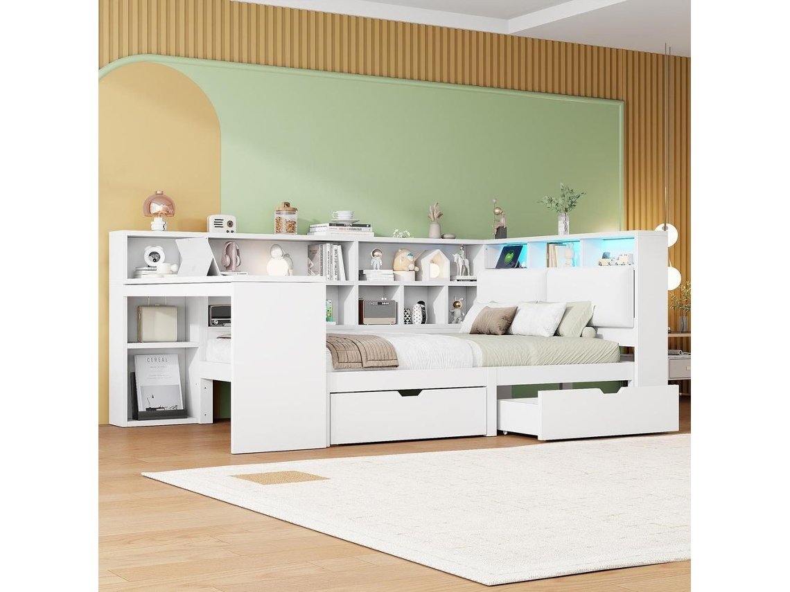 Cama Plataforma Em L 140x200cm Branca, Com Escrivaninha, Estante, Cabeceira Acolchoada, Gavetas E Led
