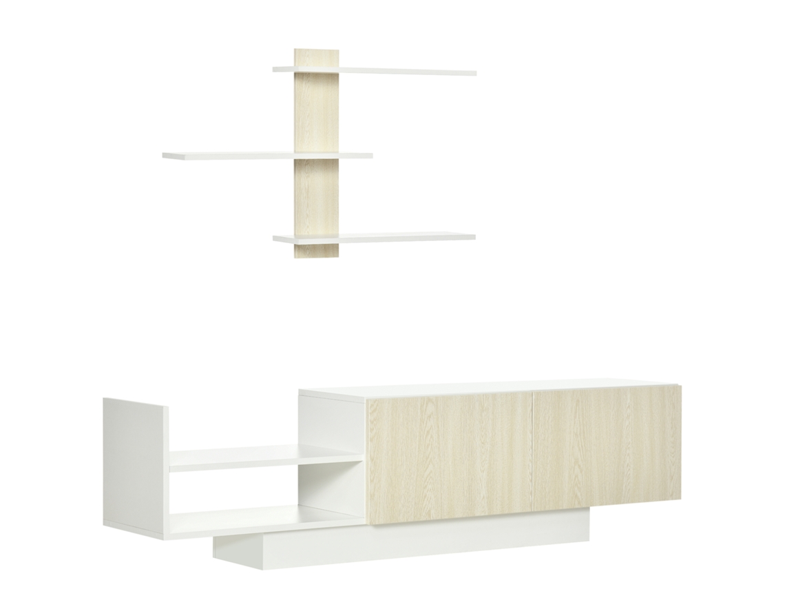 Móvel De Tv Sala De Estar 150x31,5x40 Cm Com Prateleira De Parede 95,5x16x60 Cm, Madeira E Branco