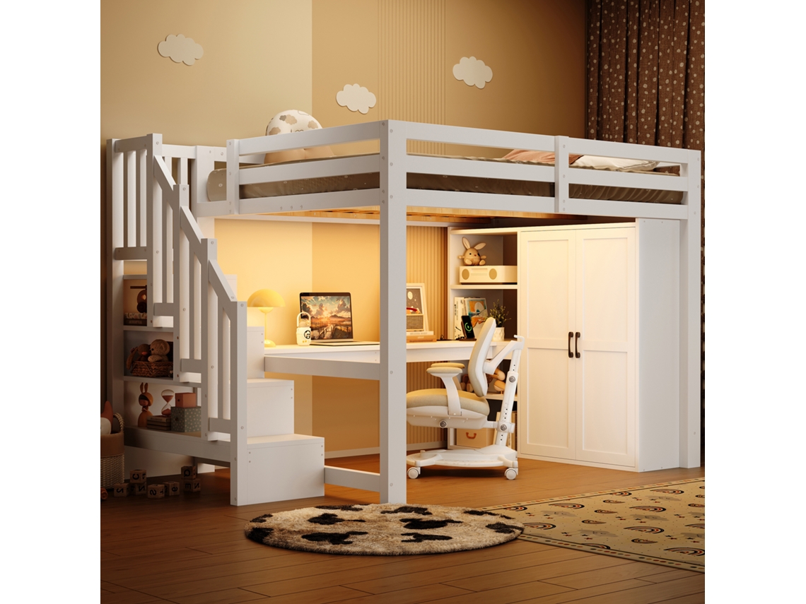 Cama Alta 140x200 com Escrivaninha Prateleiras e Led Branca