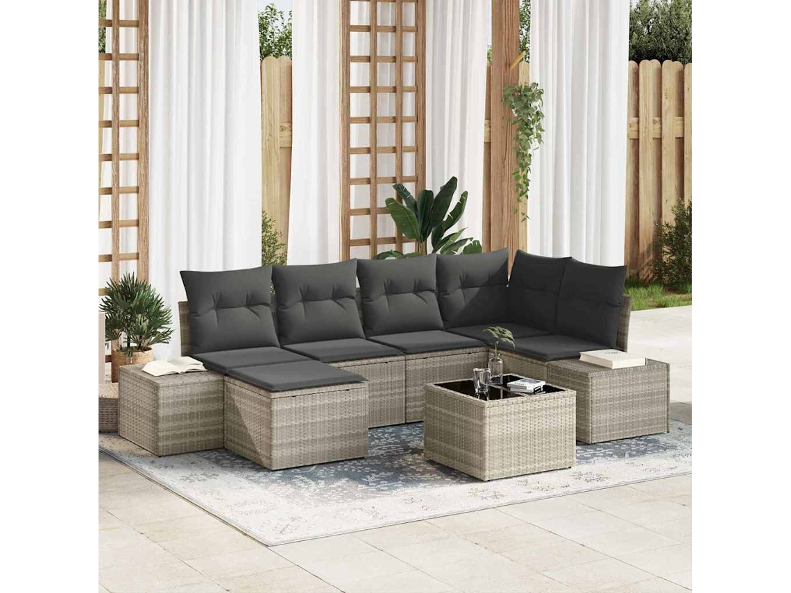 Vidaxl Conjunto De Sofá De Jardim 7 Pcs Cinzento-claro Vime Pe