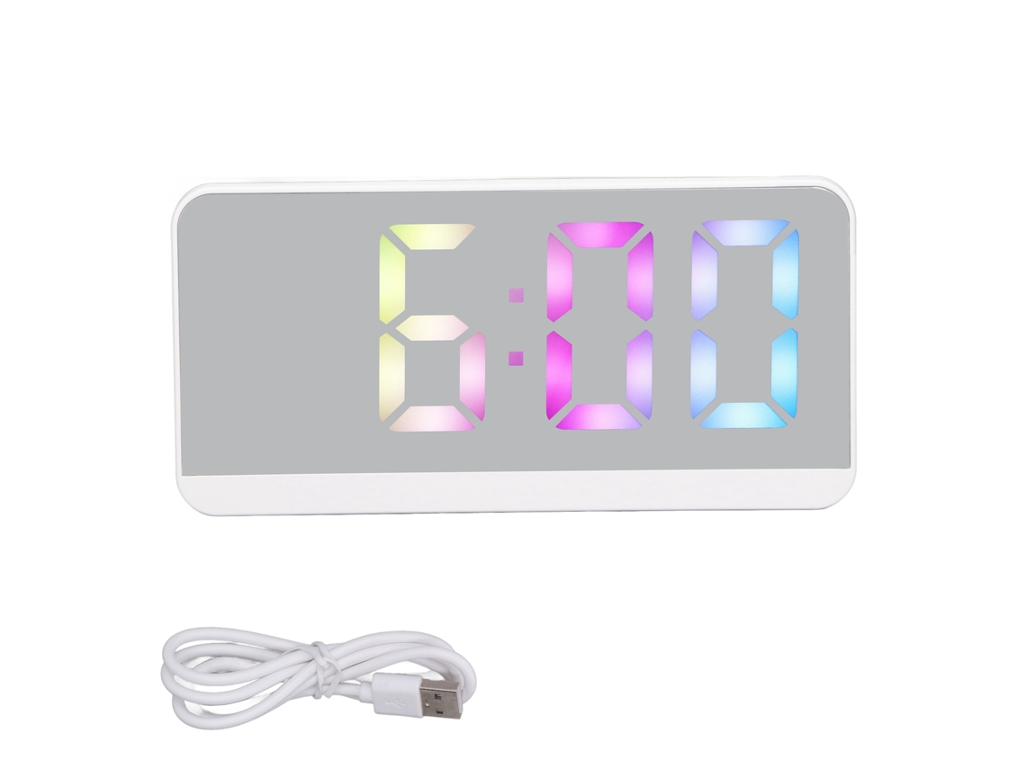 Relógio Digital Branco Tela Led Espelhada Tela Grande