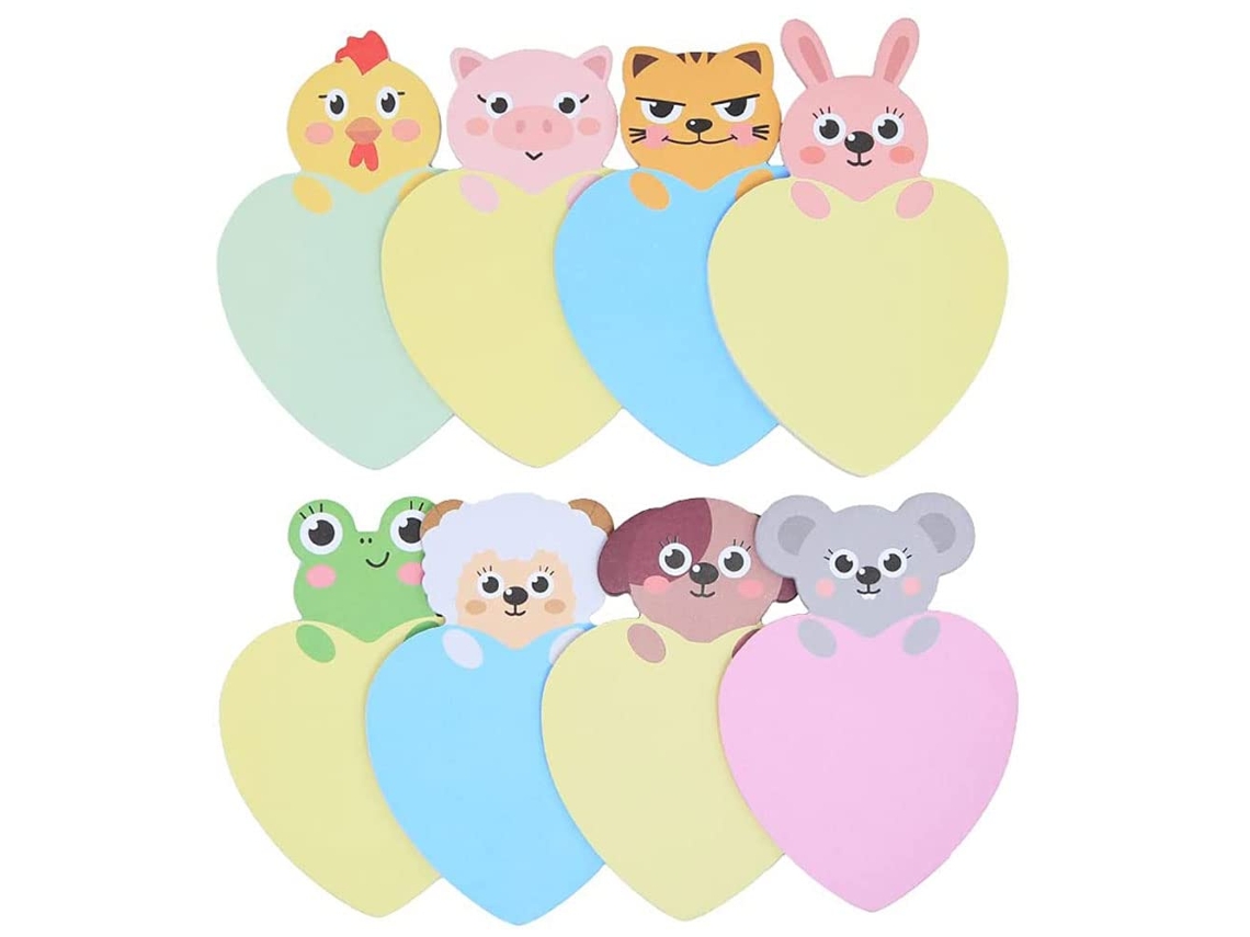 um Conjunto de 8 Blocos de Notas Adesivas Fofos e Originais em Formato de Animais, e um Mini Caderno. MDUG