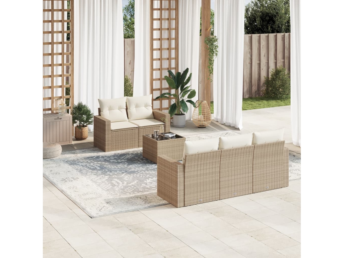 Vidaxl 6 Pcs Conjunto De Sofás P/ Jardim Com Almofadões Vime Pe Bege