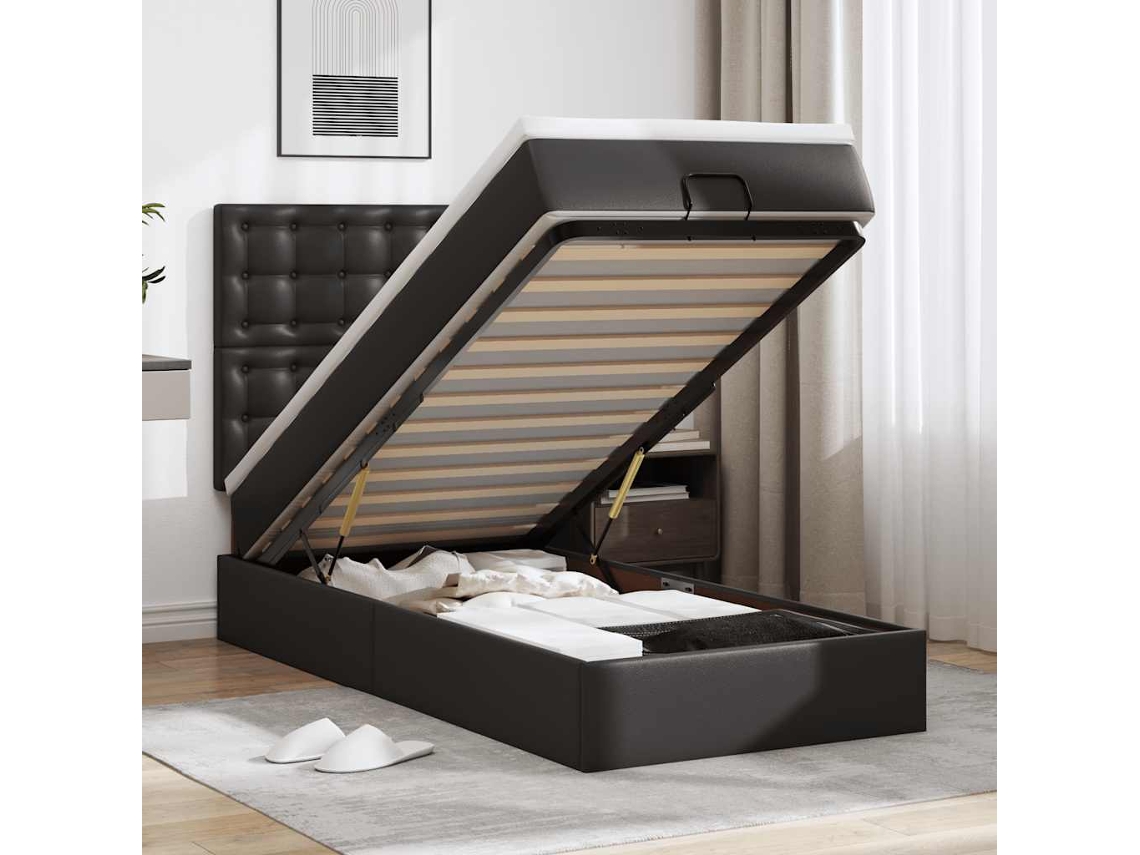 Vidaxl Cama Otomana com Colchão 90x200 Cm Couro Artificial Preto