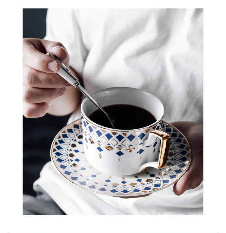 Caneca de Café de Porcelana Fina Estilo Europeu com Borda Dourada , Ideal para Escritório. MDUG (azul, 250 Ml)