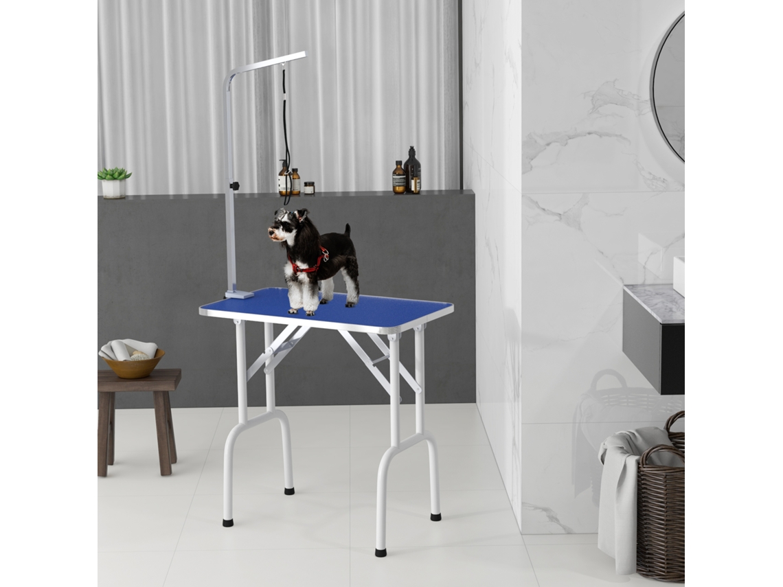 Mesa de Tosquia Dobrável com Braço Ajustável Entre 60 104 Cm e Bancada Borracha Antiderrapante 81x48.5x80 Cm Azul