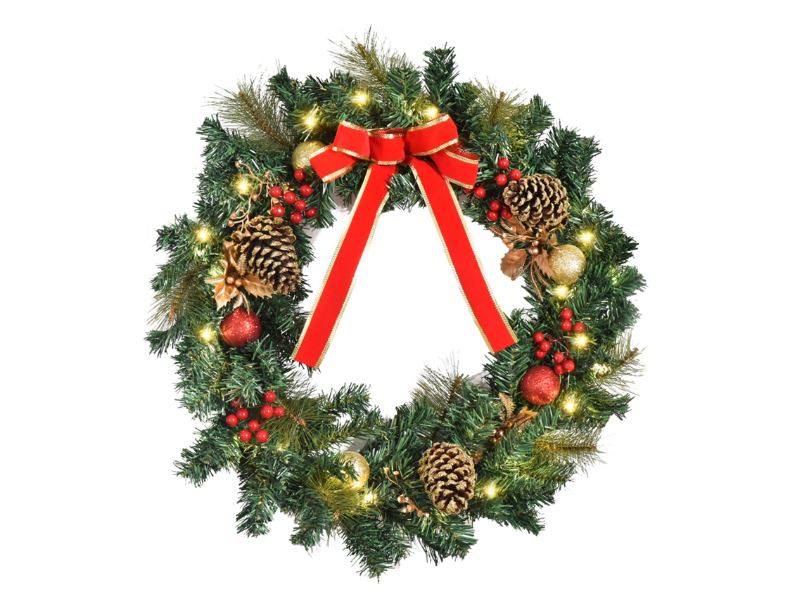Guirlanda De Natal Artificial Brilhante Com Leds De 20 X 60cm - Decorada Com Azevinho E Pinhas-pt