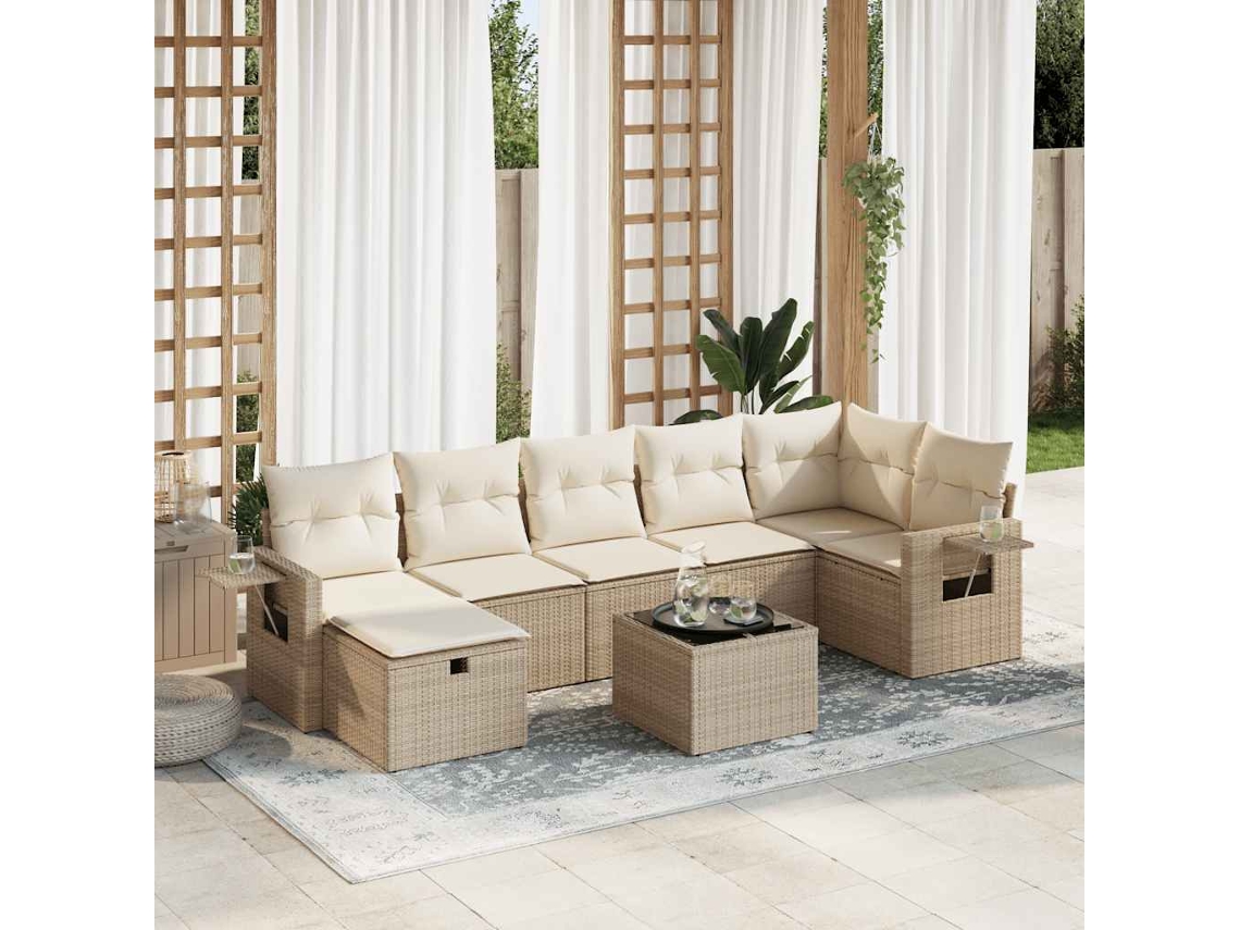 Vidaxl 8 Pcs Conjunto De Sofás P/ Jardim Com Almofadões Vime Pe Bege
