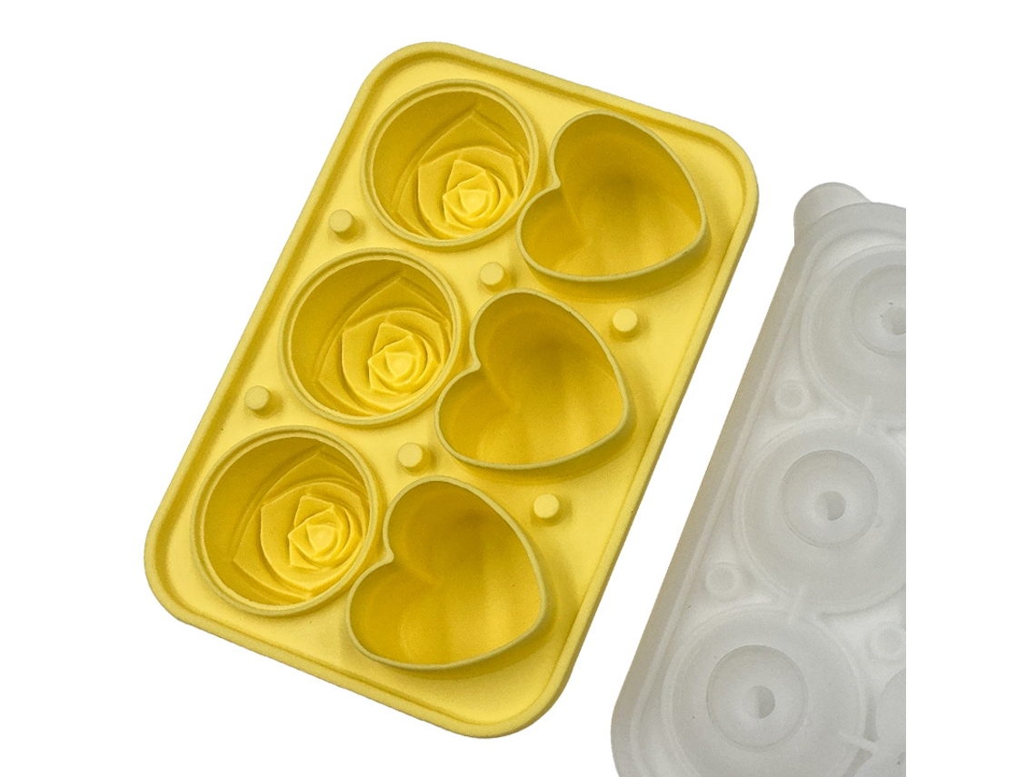 Forma De Gelo Silicone Coração, 6 Cavidades Com Tampa Funil, 3 Corações E 3 Rosas Para Whisky E Coquetéis Amarelo Hexinyigjly