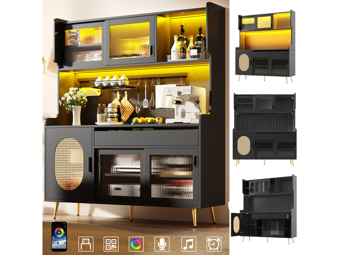 Móvel Estilo Campestre 145x39x171cm Cinco Portas, Faixa Led, Zona De Arrumação, Portas Envidraçadas Caneladas Castanho E Preto