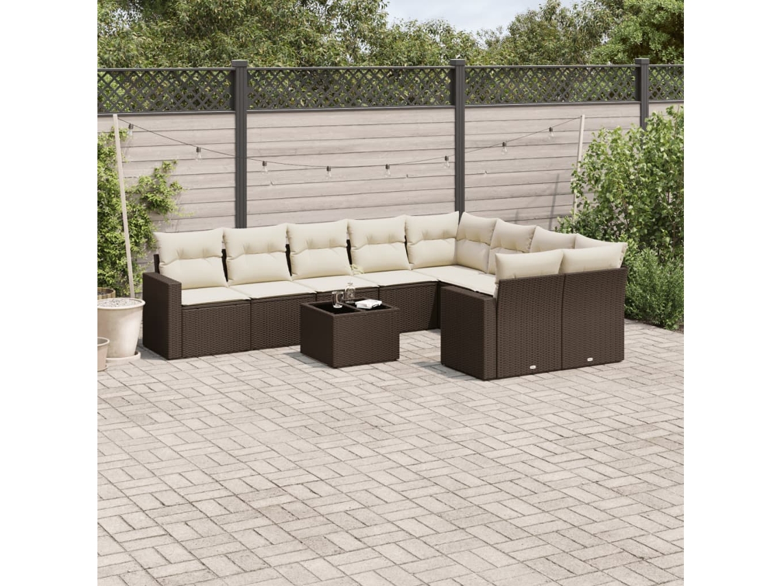 Vidaxl 10 Pcs Conj. Sofás Jardim Com Almofadões Vime Pe Castanho