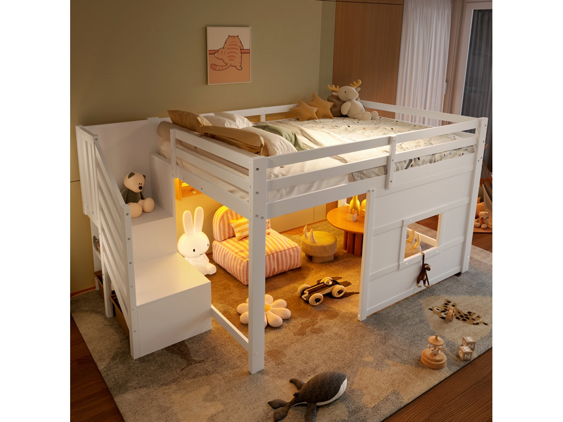 Cama Alta 140x200 Branco Com Escada De Armazenamento E Janela
