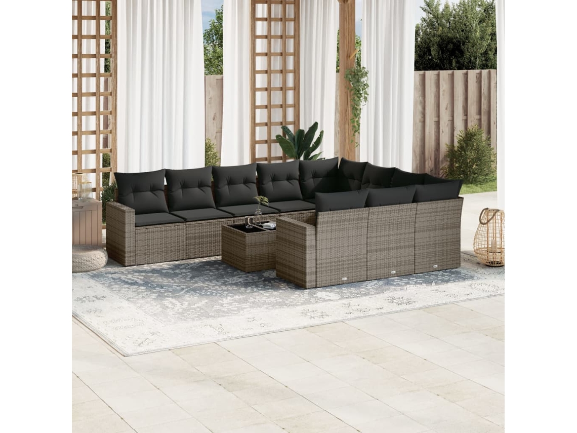 Vidaxl 11 Pcs Conjunto Sofás De Jardim C/ Almofadões Vime Pe Cinzento