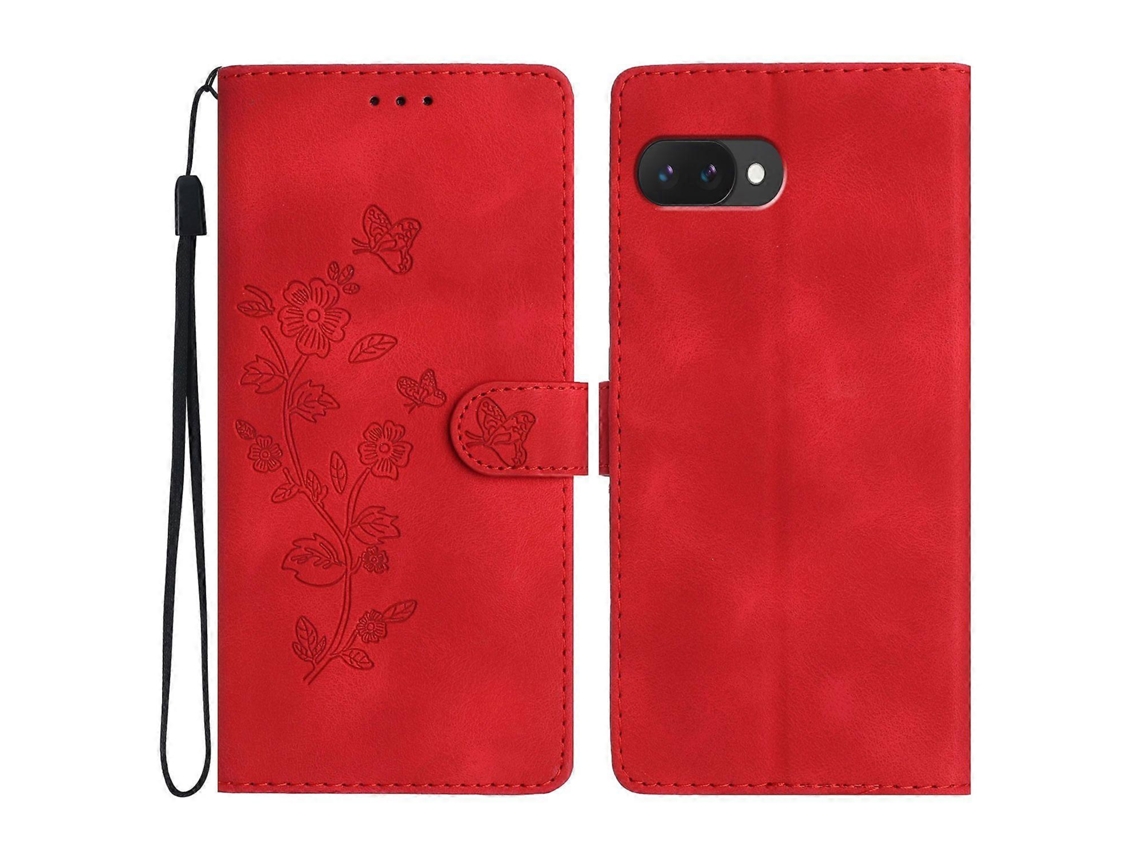 Capa De Couro Com Estampa De Flores E Alça De Pulso Para Google Pixel 9a - Vermelho