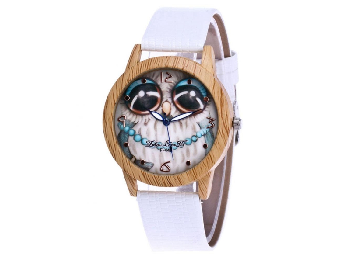 Reloj De Pulsera De Cuarzo Moda Con Cáscara De Madera Y Dial Búho Zhoulianfa F-448 Blanco