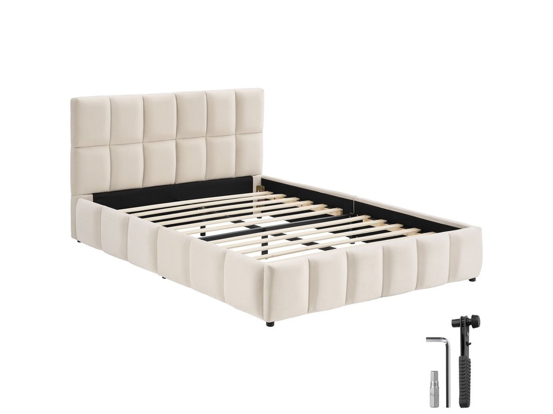 Cama Estofada Tectake Com Base Ripas, Moderna E Conforto Design, Mdf E Aço, 153x220x93cm, Veludo Areia