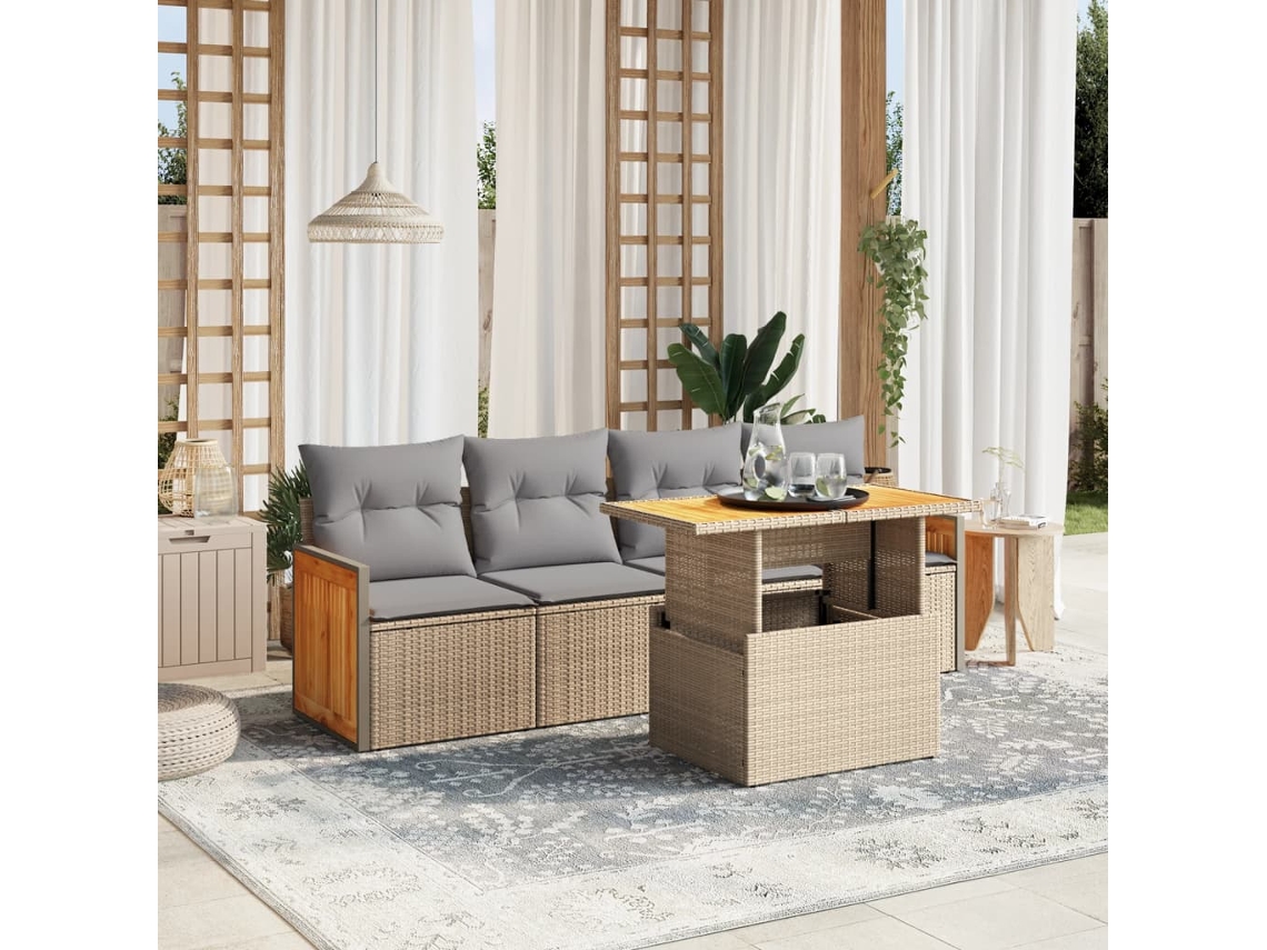 Vidaxl 5 Pcs Conjunto De Sofás P/ Jardim Com Almofadões Vime Pe Bege