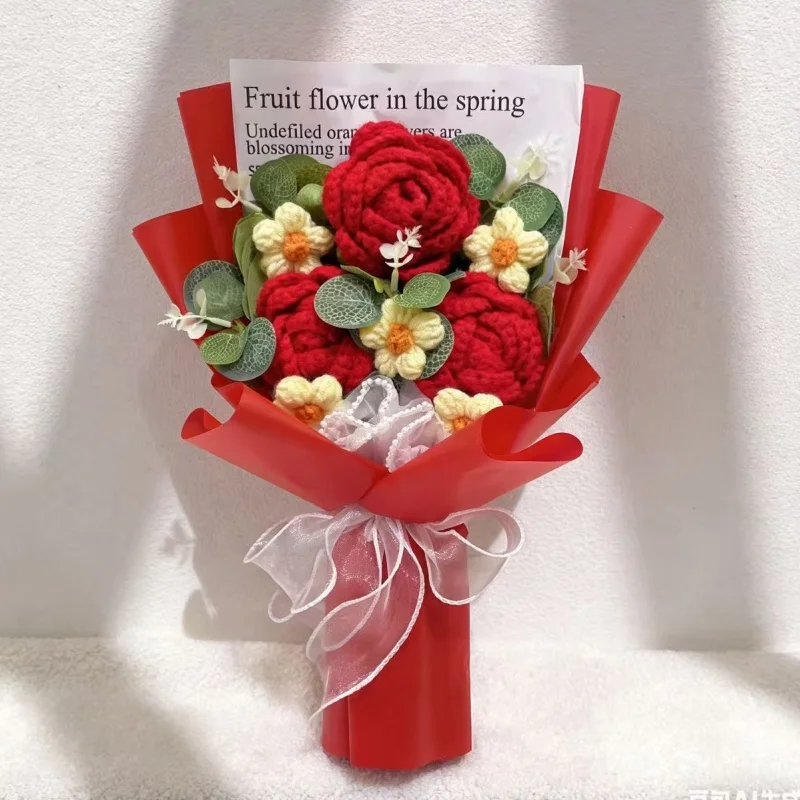 (vermelho) Buquê De Rosas Artificiais De Crochê - Presente Criativo Para O Dia Dos Namorados