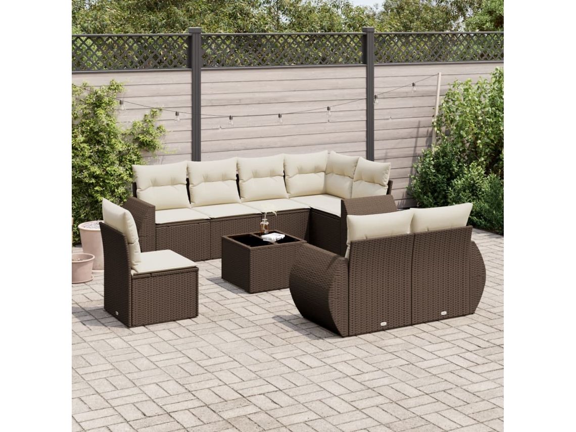 Vidaxl 9 Pcs Conjunto Sofás P/ Jardim C/ Almofadões Vime Pe Castanho