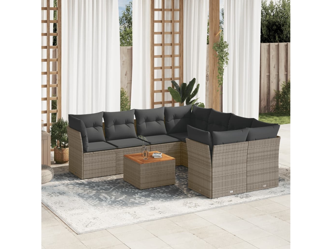 9 Pcs Conjunto Sofás P/ Jardim Com Almofadões Vime Pe Cinza Dkd Home Decor