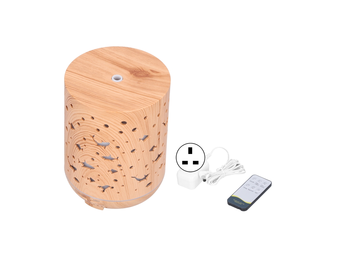 Difusor de aromas de 300 ml com LED colorido, controle remoto, silencioso, 35 dB, design de madeira para casa e escritório.