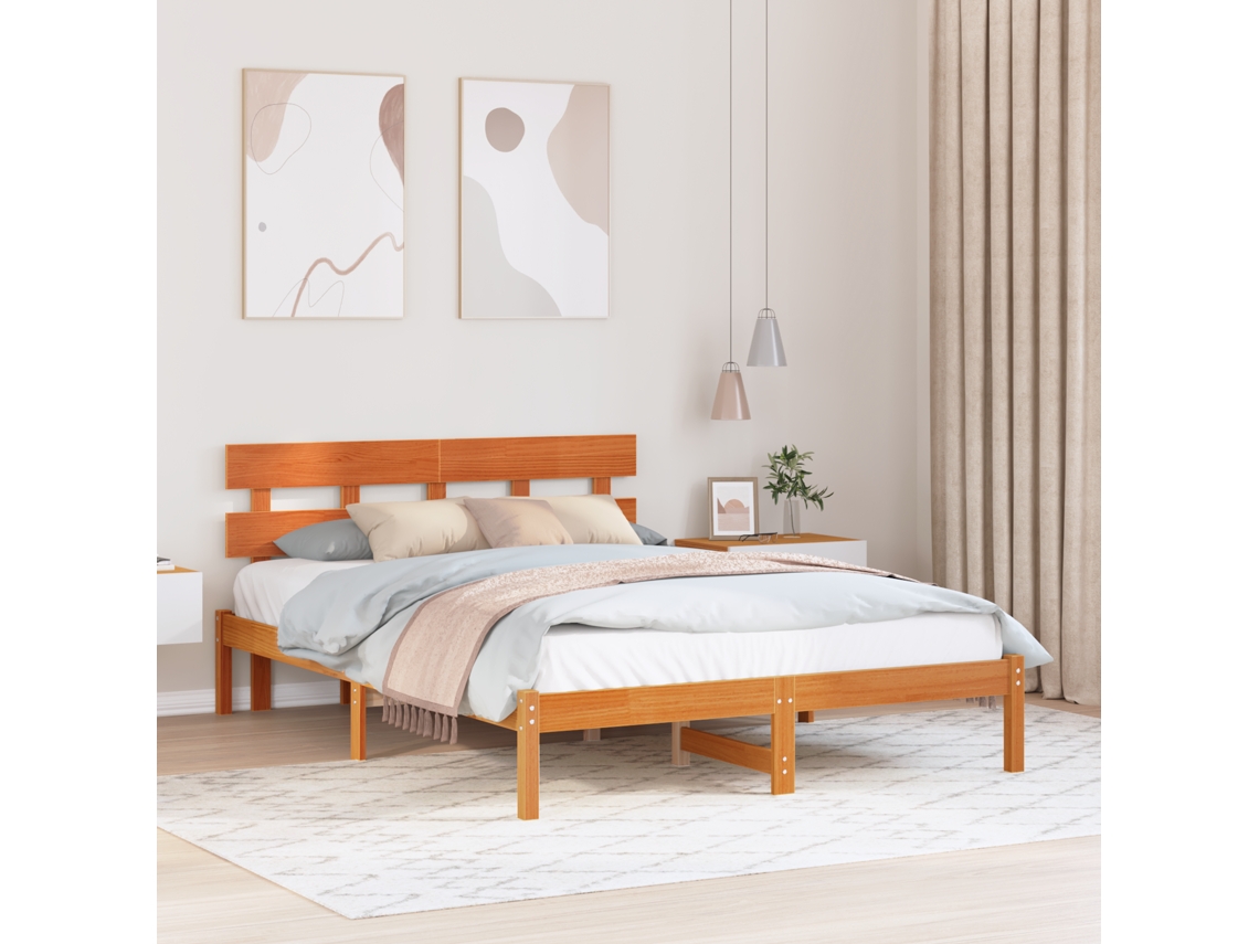 Estrado De Cama Com Cabeceira Castanho Encerado 150x200 Cm Madeira Sólida De Pinho
