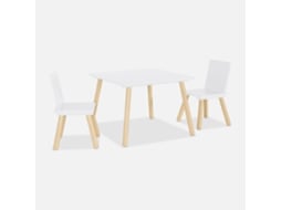 Mesa Infantil Quadrada Em Madeira De Pinho Com 2 Cadeiras, Branco