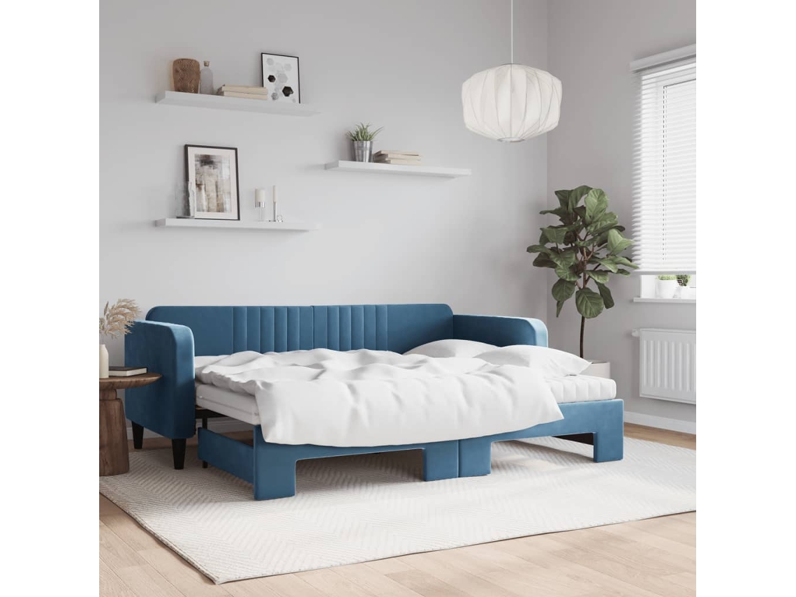 Sofá cama con cajón y colchones de 80x200 cm en terciopelo azul