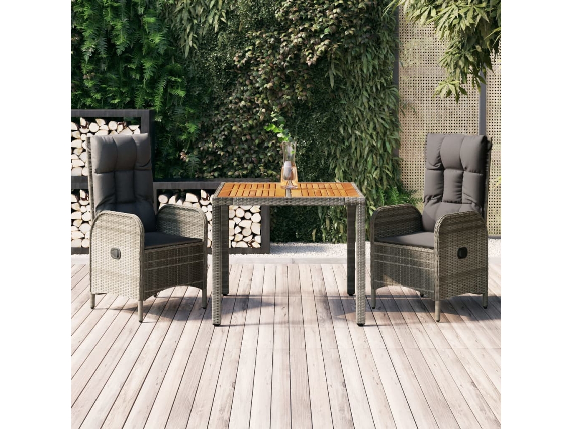 Vidaxl 3 Pcs Conjunto De Jantar P/ Jardim C/ Almofadões Vime Pe Cinza