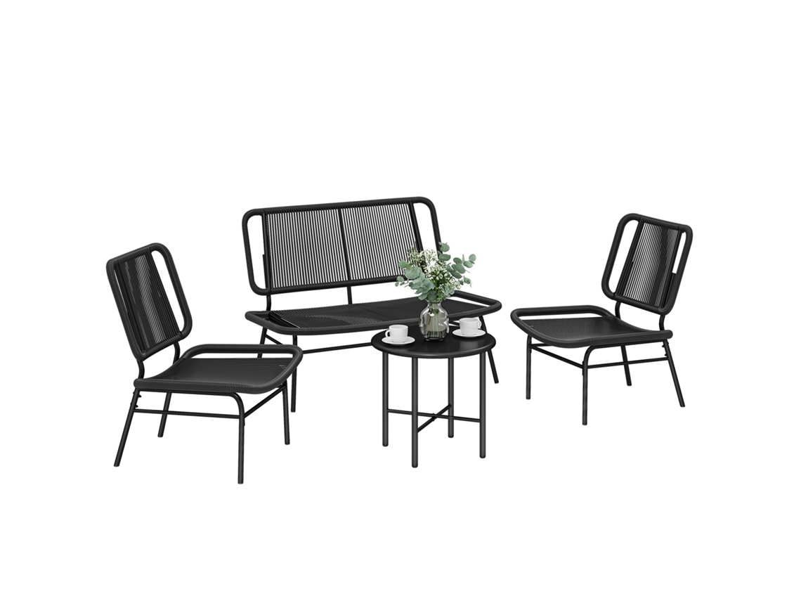 Conjunto de Móveis Jardim 4 Peças Rattan, Sofá e Mesa, Preto QINGYU TECH
