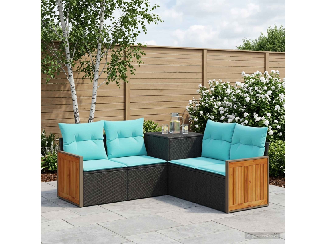 Vidaxl Conjunto De Sofás 5 Unid. Preto E Azul Rattan Poliéster E Aço