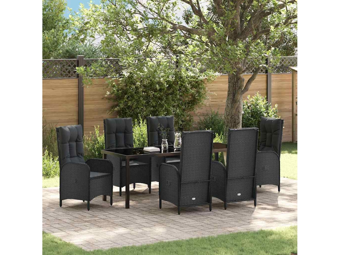 Vidaxl Conjunto De Jantar Para Jardim 7 Unid. Preto Vime Pe