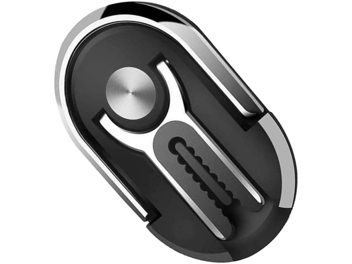 Suporte para celular Veicular antiderrapante em liga metálica Preta, formato oval.