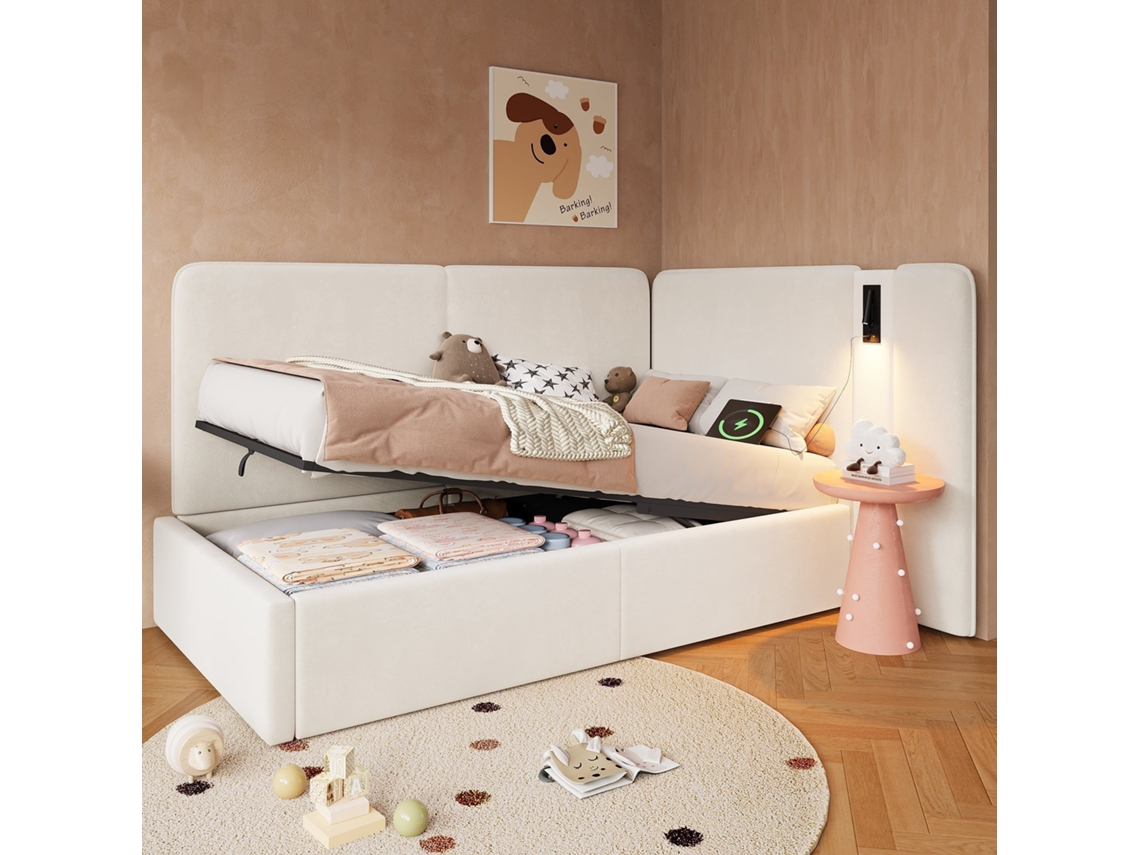 Cama Box 90x200cm Polsterbett com baú hidráulico, led de leitura, usb tipo c, veludo bege KOMHTOM
