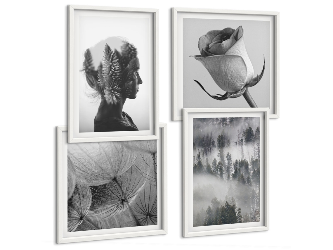 Conjunto De Pinturas Floresta, Neblina, Retrato, Árvores, Dente-de-leão Moldura Branca Quadros Para O Escritório Espelharte (conjunto De 4 Imagens)