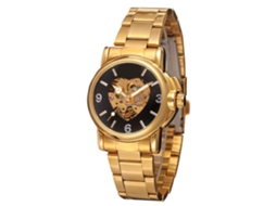 Relógio masculino automático com mecanismo de coração vazado, pulseira de aço preta e dourada, resistente à água.