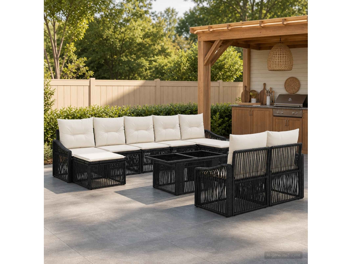 Vidaxl Conjunto De Sofá De Jardim 10 Unid. Preto E Branco Creme
