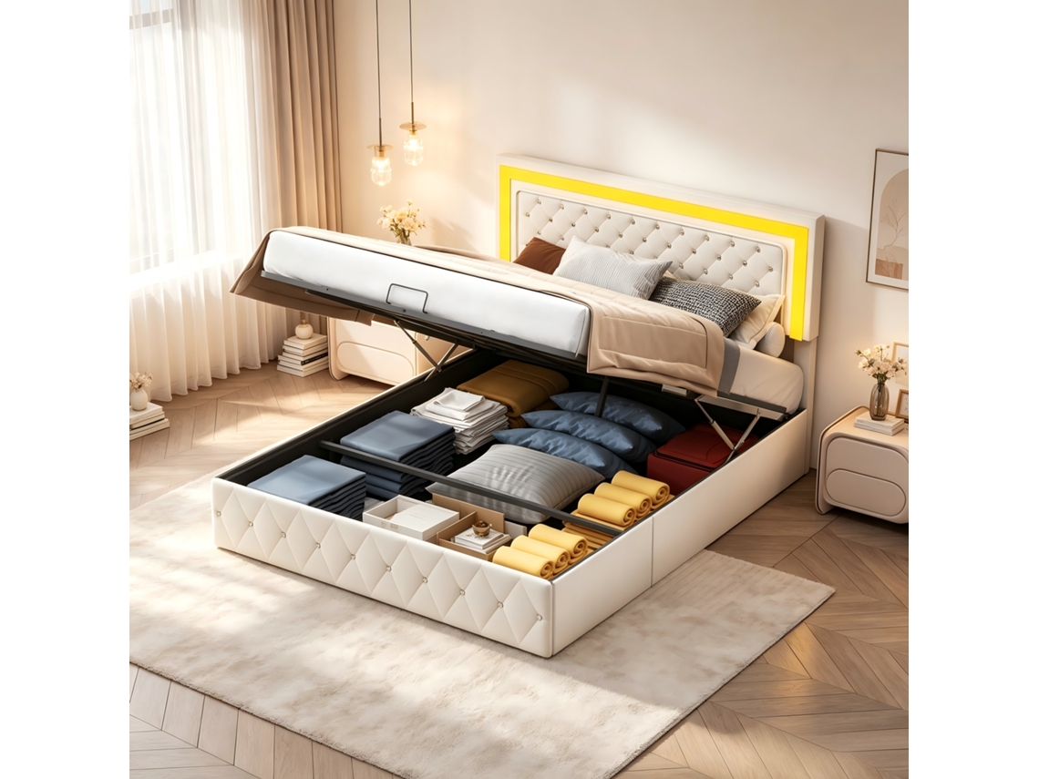 Cama Estofada 140x200 Cm Cama De Casal Em Veludo Bege,cabeceira Com Botões,luzes Led Rgb,caixa De,armazenamento Com Mecanismo Hidráulico,rosahqnda