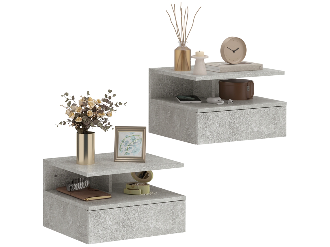 Conjunto de 2 mesinhas de cabeceira suspensas com gaveta e prateleira 35x32x22.5cm cinza cimento MARCA