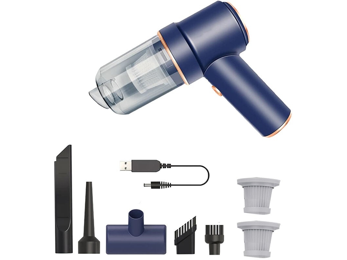 Lurelia Aspirador Portátil Sem Fios Para Carro, 2 Em 1, 6000 Pa, Usb, Sopro, Luz Led, Azul