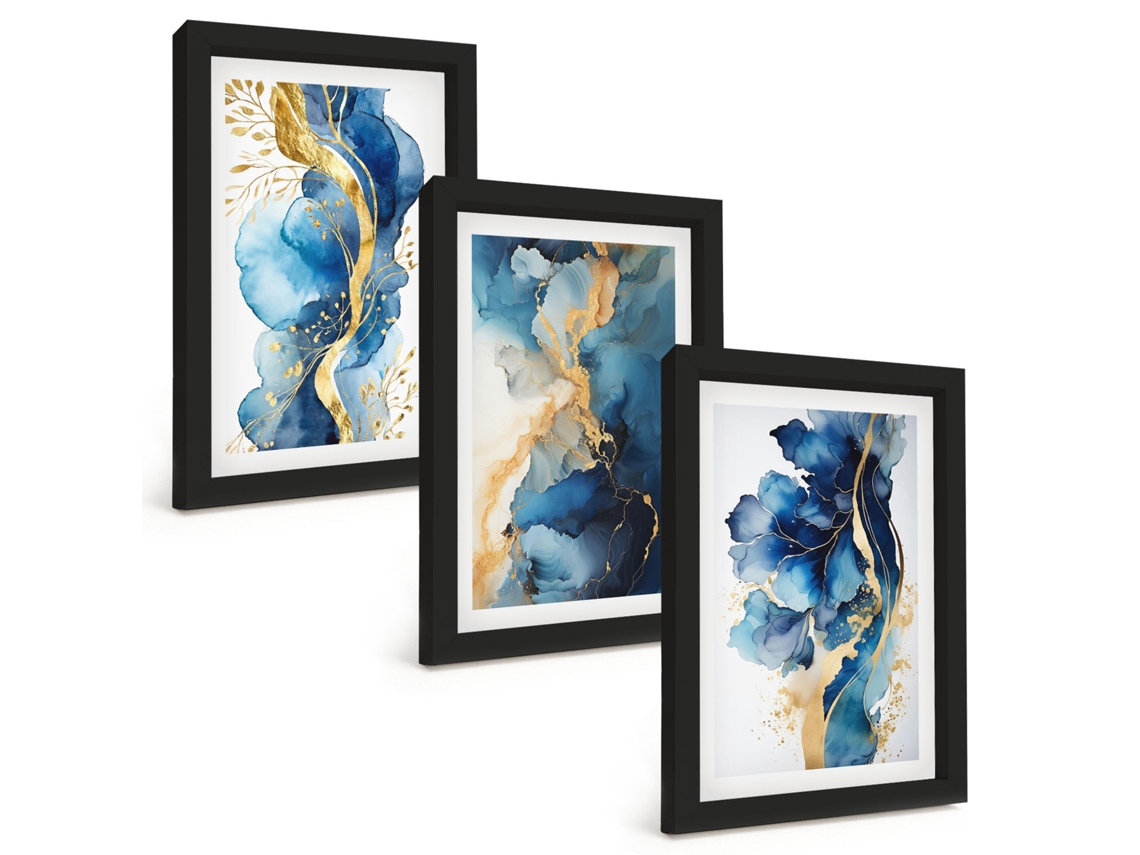 Conjunto De Pinturas Padrões Abstratos Azuis Moldura Preta Quadros Para A Sala De Estar Espelharte (3 Peças 20x30 Cm)