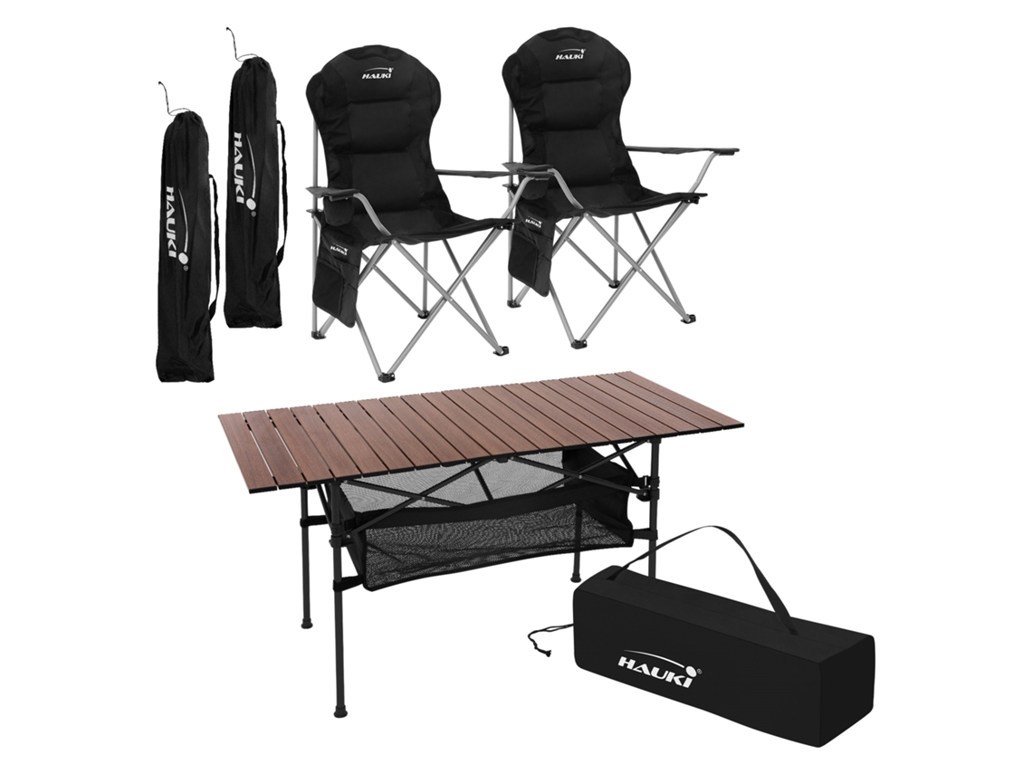 Conjunto de Mobiliário de Campismo de 3 Peças 1X Mesa Castanha 2X Cadeiras de Campismo Dobráveis em Preto HAUKI