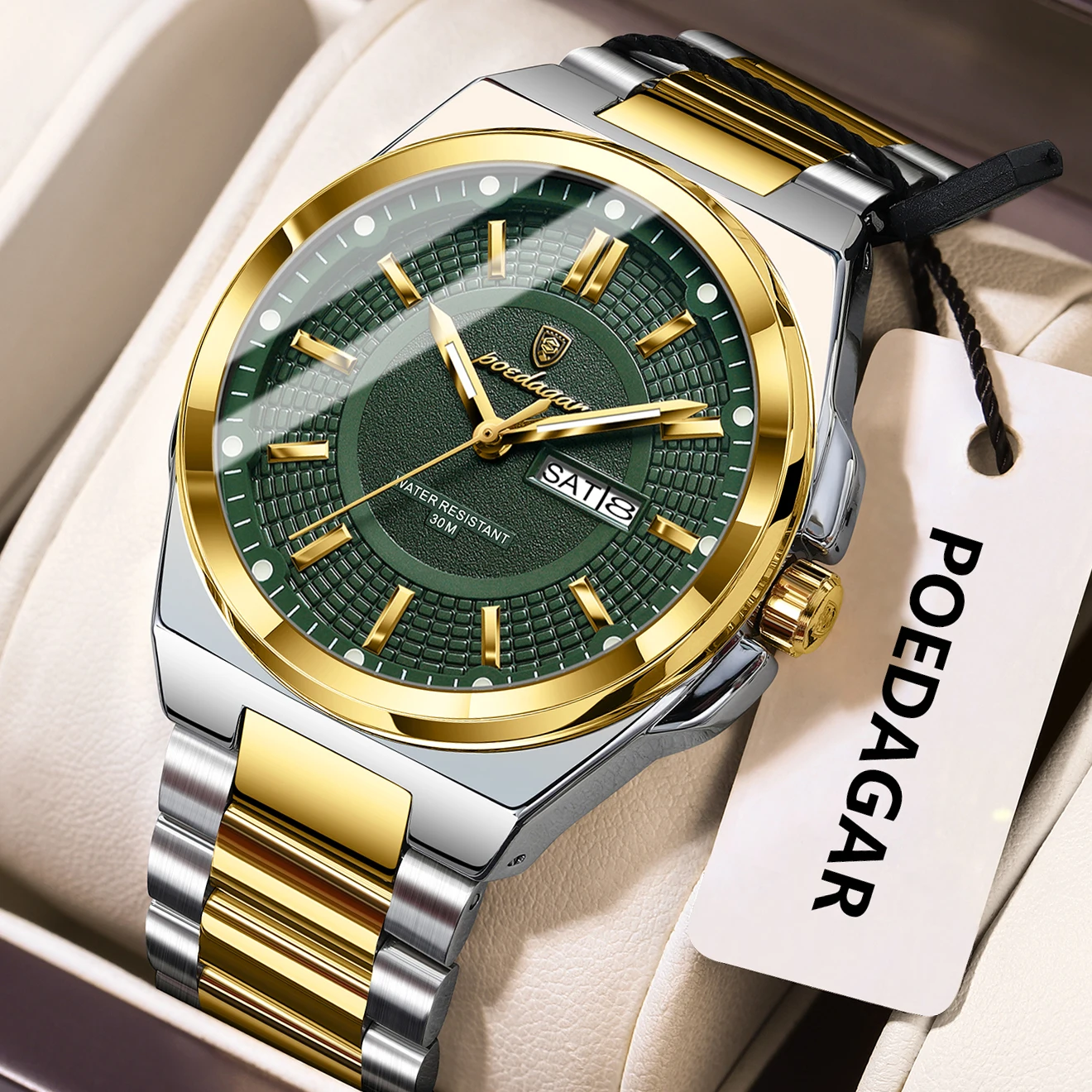 Relógio masculino elegante (dourado e verde), em Prova D'água, com indicação de data, dia da semana e luminescência, movimento de quartzo.