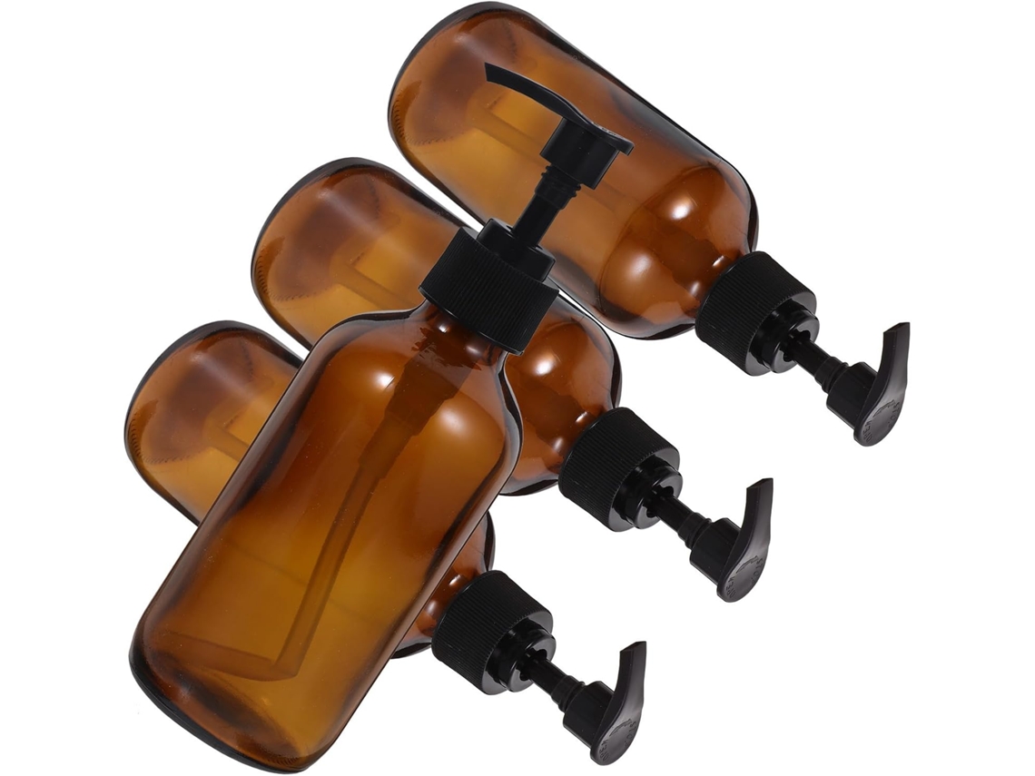 Conjunto de 4 frascos de vidro recarregáveis de 250ml com bomba dosadora para loção e gel.