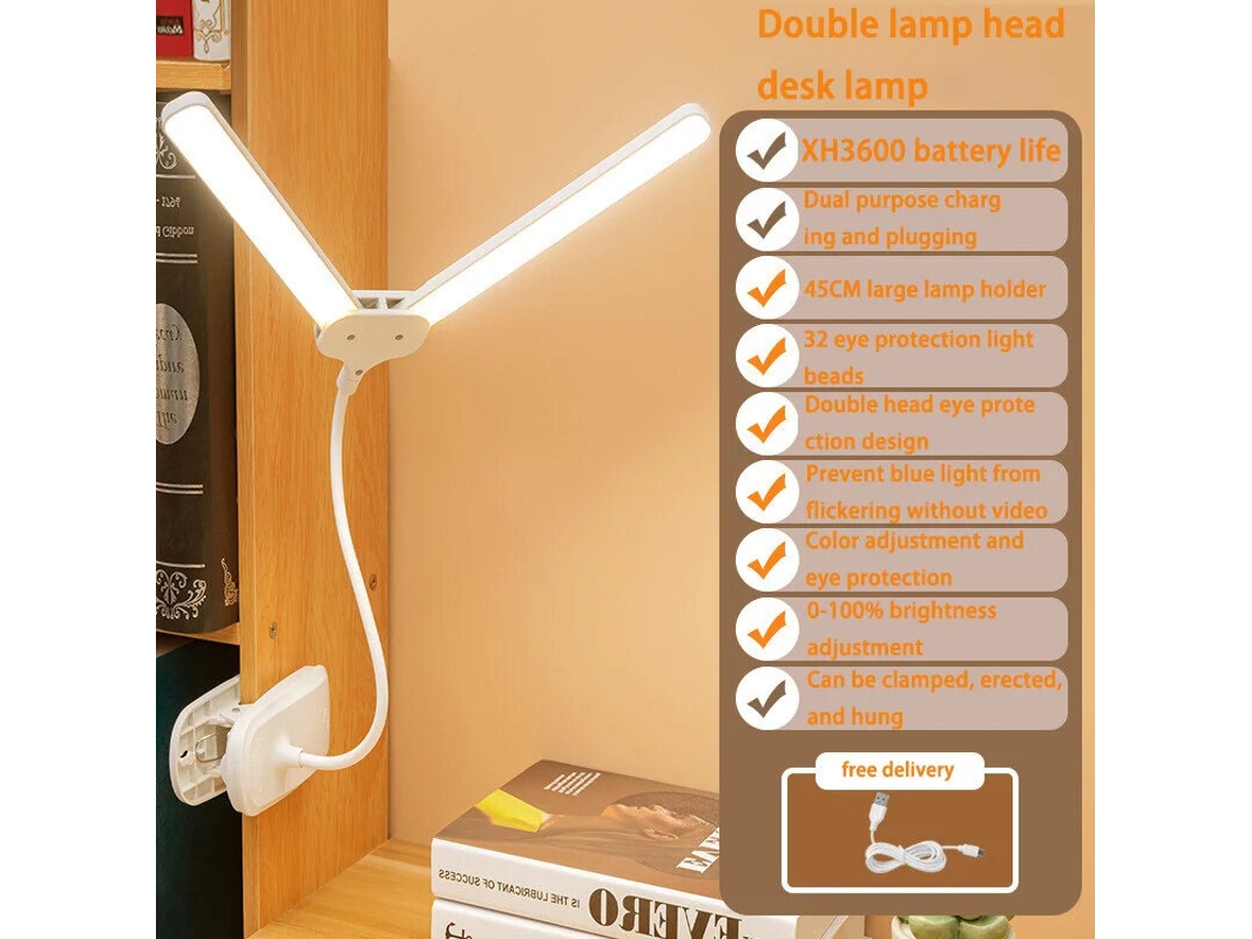 Modo De Carregamento - Candeeiro De Mesa Led De Cabeça Dupla Com Clipe, Candeeiro De Mesa Com Pescoço De Ganso Flexível, 3600mah, Lâmpada De Grampo Co