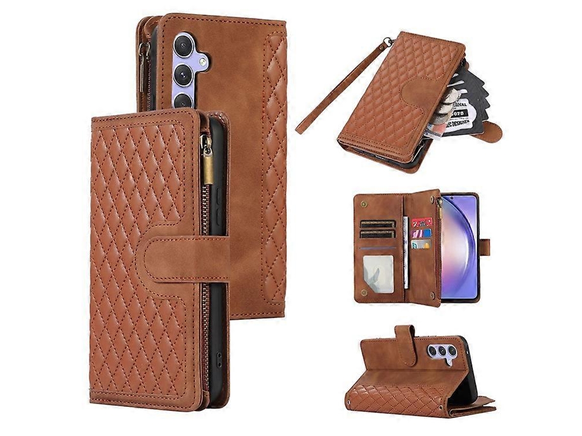 Capa De Couro Com Estampa De Losango, Compatível Com Samsung Galaxy A54 5g, Bolso Com Zíper, 9 Compartimentos Para Cartões