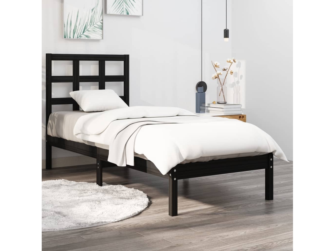 Estrutura Cama Pequena Solteiro 75x190 Cm Madeira Maciça Preto