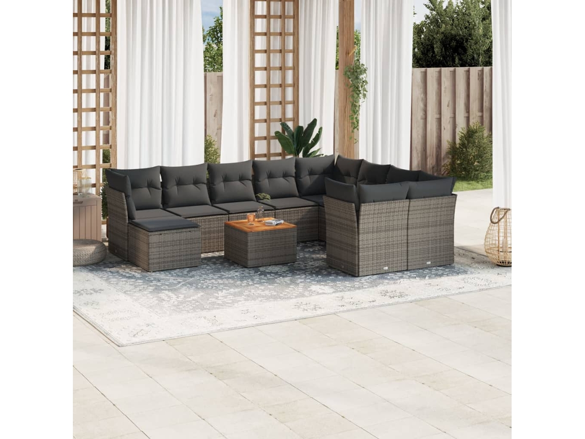 Vidaxl 11 Pcs Conjunto Sofás De Jardim C/ Almofadões Vime Pe Cinzento